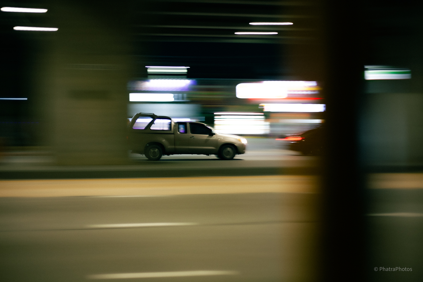 Pickup truck at night with motion blur