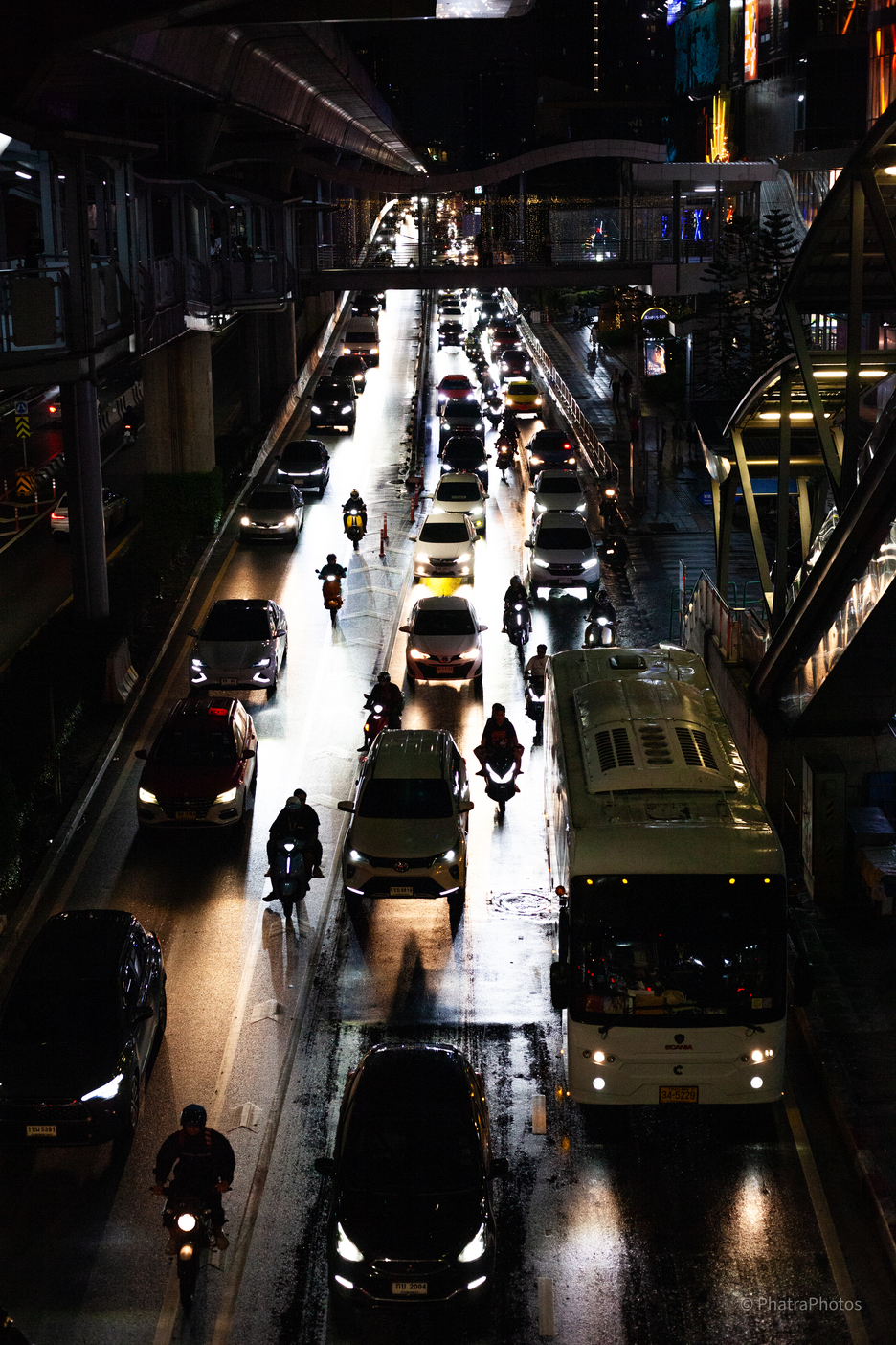 Night traffic seen from a walkway above